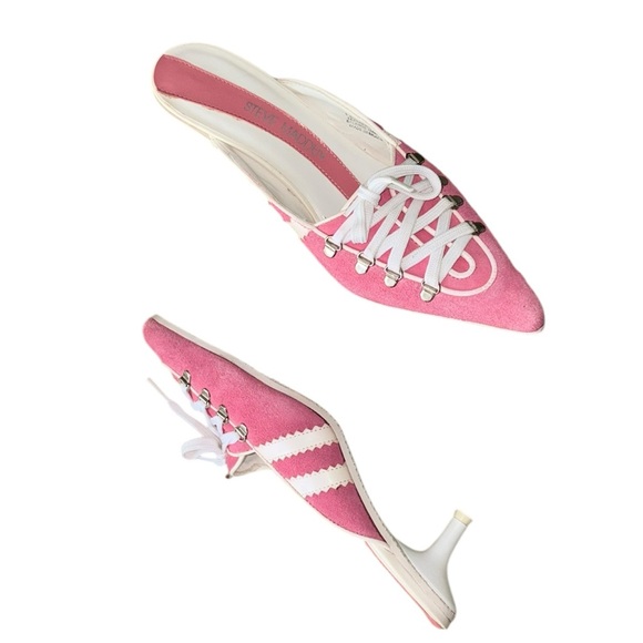 RARE Steve Madden Vintage Felise Pink White Suede Sneaker Kitten Heels Mules 7.5 - Picture 1 of 14
